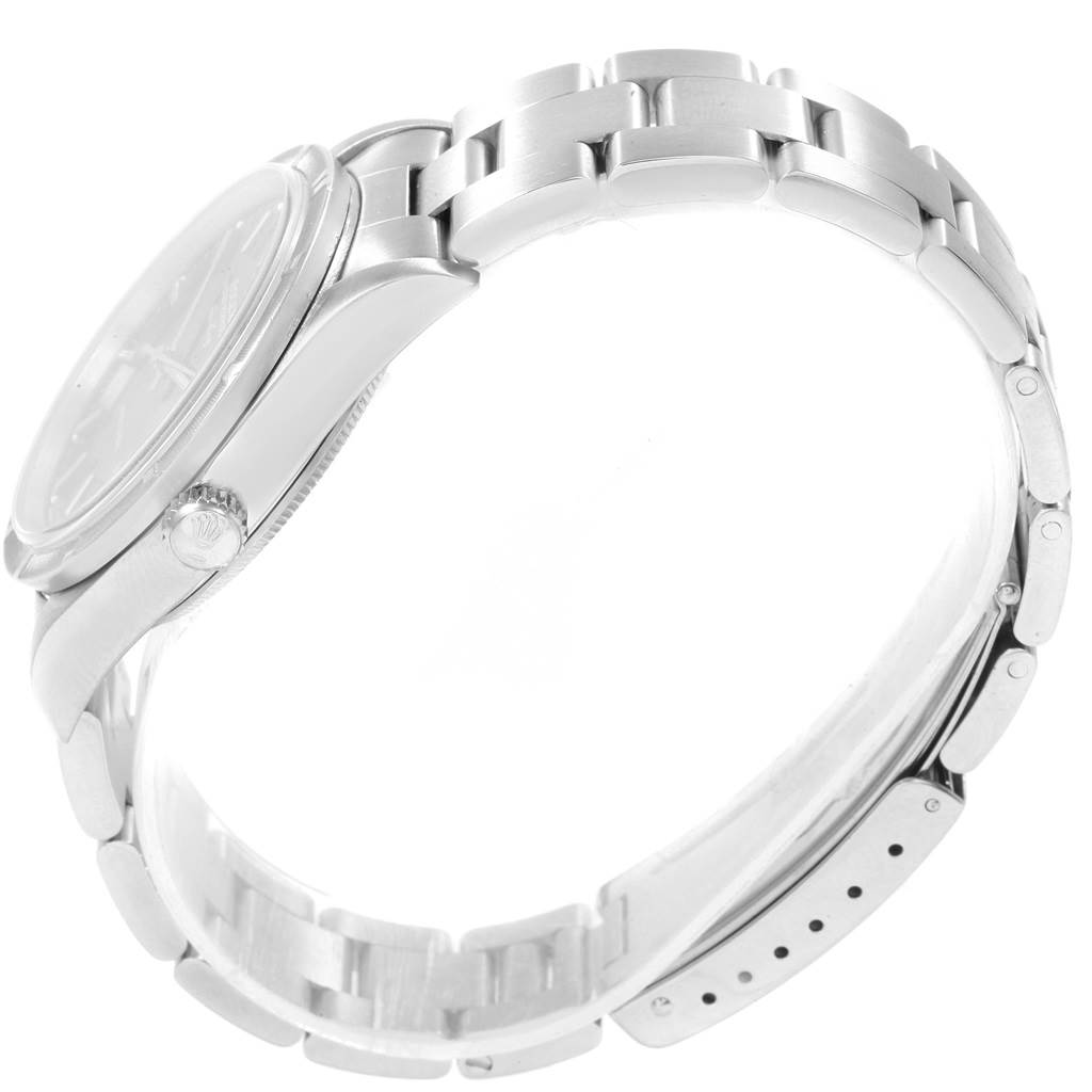 The image shows a side view of a Rolex Air-King 14010 Men's Stainless Steel Black Dial 14010 Men's Stainless Steel Black Dial watch, focusing on the bezel, crown, and bracelet.