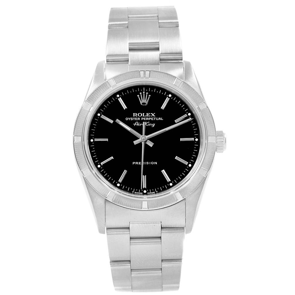 This image shows a front view of a Rolex Air-King 14010 Men's Stainless Steel Black Dial 14010 Men's Stainless Steel Black Dial watch, featuring its face, bezel, and bracelet.