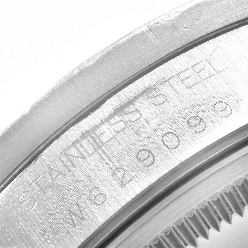 This close-up image shows the engraved stainless steel case back of a Rolex Air-King 14010 Men's Stainless Steel Black Dial 14010 Men's Stainless Steel Black Dial watch.