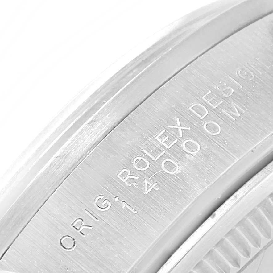 This close-up image shows the side engraving on the casing of a Rolex Air-King 19798 Men's Stainless Steel Black Dial 19798 Men's Stainless Steel Black Dial watch.