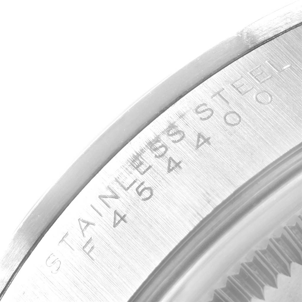 This image shows a close-up of the stainless steel case engraved with the model number for the Rolex Air-King 19798 Men's Stainless Steel Black Dial 19798 Men's Stainless Steel Black Dial watch.