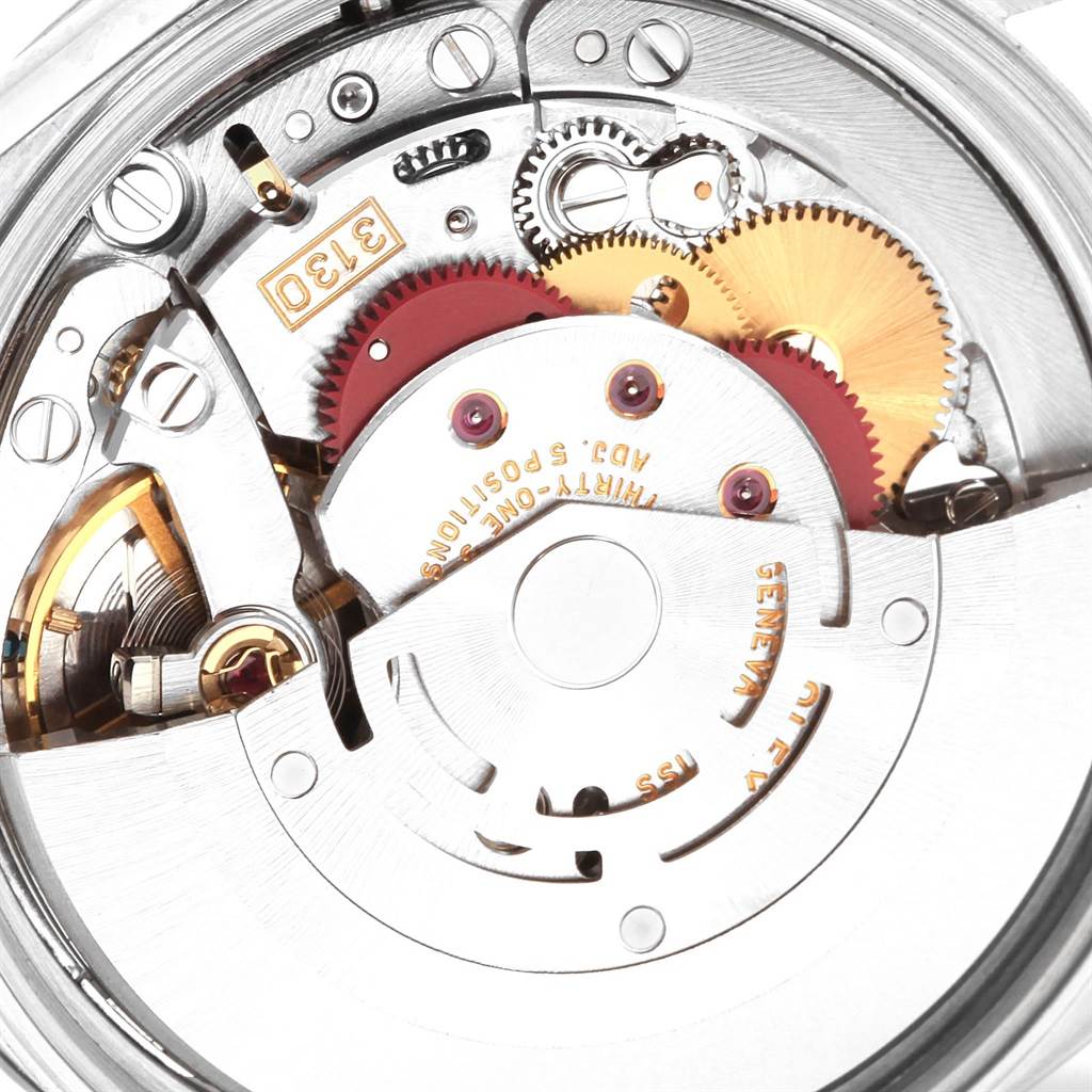 The image shows an up-close view of the movement mechanism inside a Rolex Air-King 19798 Men's Stainless Steel Black Dial 19798 Men's Stainless Steel Black Dial watch.