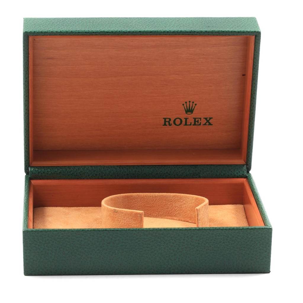 The image shows an empty Rolex Air-King 19798 Men's Stainless Steel Black Dial 19798 Men's Stainless Steel Black Dial watch box with the lid open, revealing a cushioned insert.