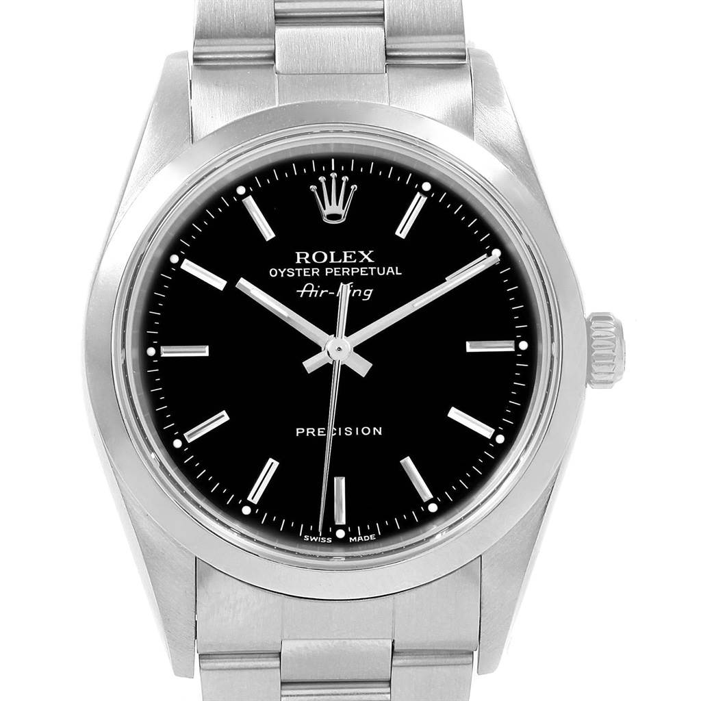 This image shows a frontal view of the Rolex Air-King 19798 Men's Stainless Steel Black Dial 19798 Men's Stainless Steel Black Dial watch face and part of its metal bracelet.