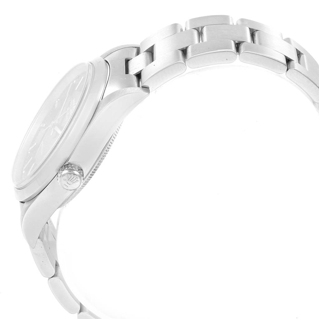 The image shows a side view of a Rolex Air-King 19798 Men's Stainless Steel Black Dial 19798 Men's Stainless Steel Black Dial watch, focusing on the case, crown, and metal bracelet.