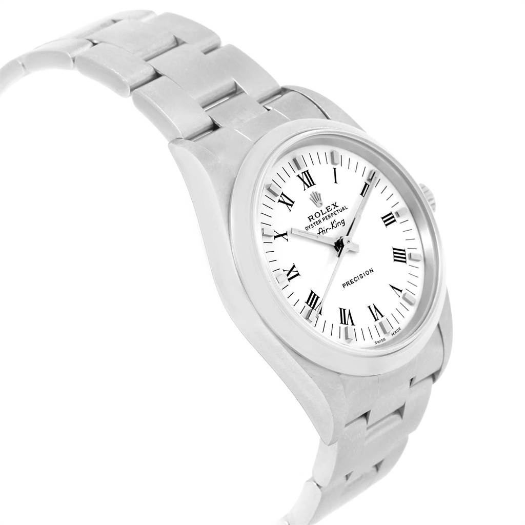 The Rolex Air-King 14000 Men's Stainless Steel White Dial 14000 Men's Stainless Steel White Dial watch is shown at an angle displaying its face, crown, and bracelet.