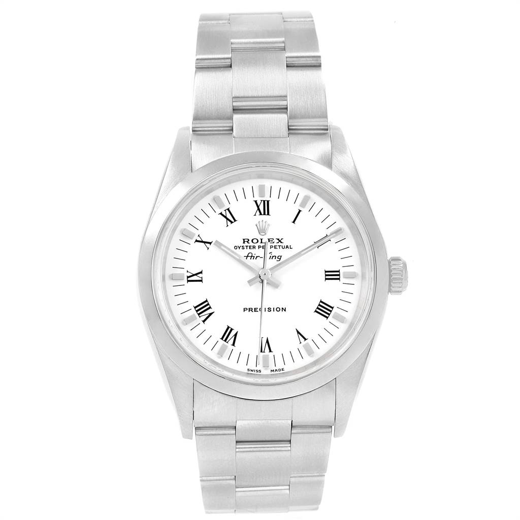 The Rolex Air-King 14000 Men's Stainless Steel White Dial 14000 Men's Stainless Steel White Dial watch is shown from a top-down angle, highlighting the dial, bezel, crown, and bracelet.