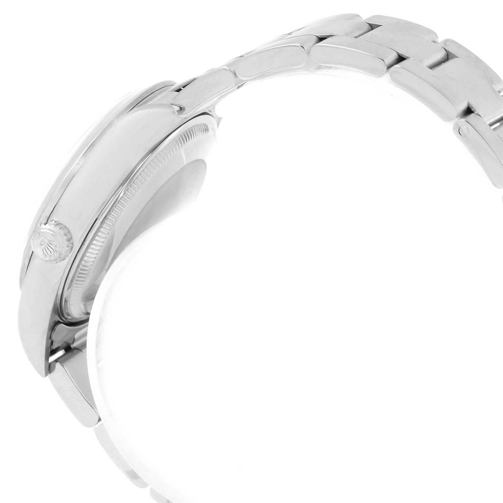 The image shows a side view of the Rolex Air-King 14000 Men's Stainless Steel White Dial 14000 Men's Stainless Steel White Dial watch, highlighting the case, bezel, crown, and bracelet.
