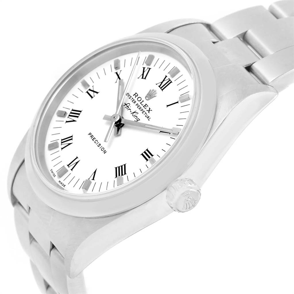 This image shows a Rolex Air-King 14000 Men's Stainless Steel White Dial 14000 Men's Stainless Steel White Dial watch from an angled side view, highlighting its white dial, Roman numerals, and stainless steel case and bracelet.