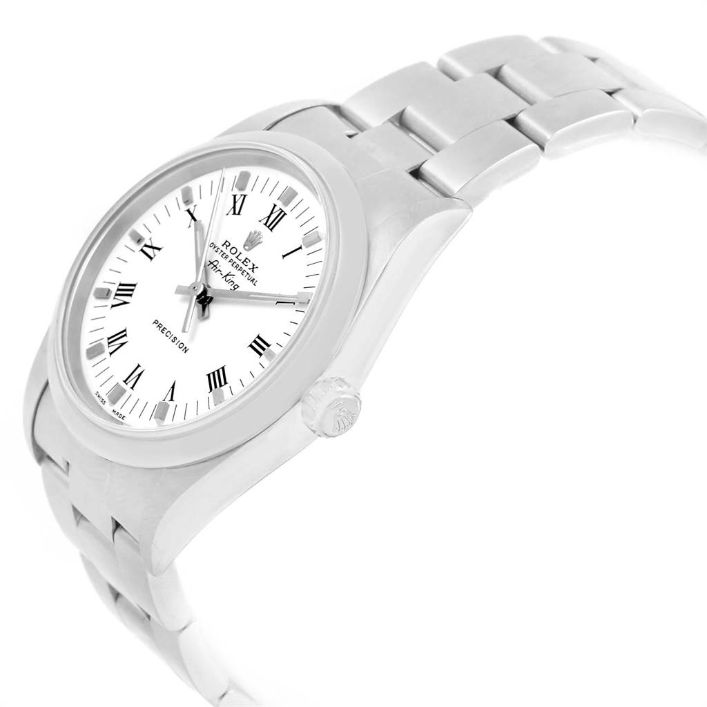The image shows a Rolex Air-King 14000 Men's Stainless Steel White Dial 14000 Men's Stainless Steel White Dial watch from a side angle, displaying the face, crown, and part of the metal bracelet.