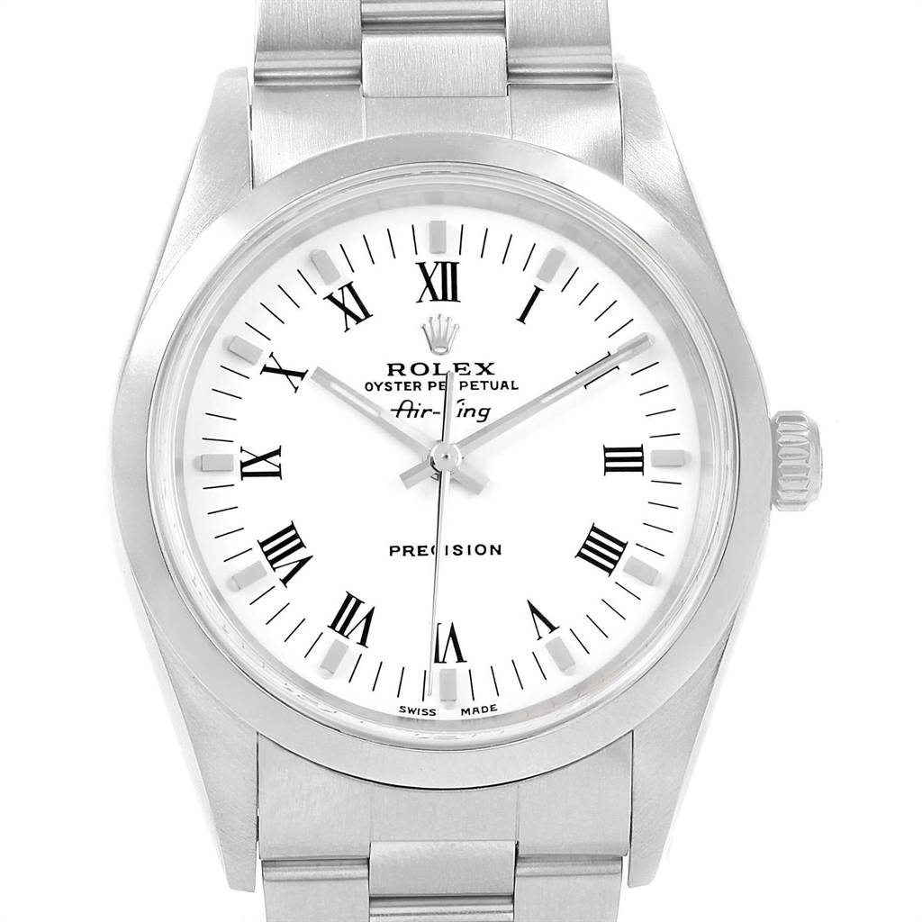 This image shows a front view of the Rolex Air-King 14000 Men's Stainless Steel White Dial 14000 Men's Stainless Steel White Dial watch, displaying its dial, bezel, crown, and part of the bracelet.