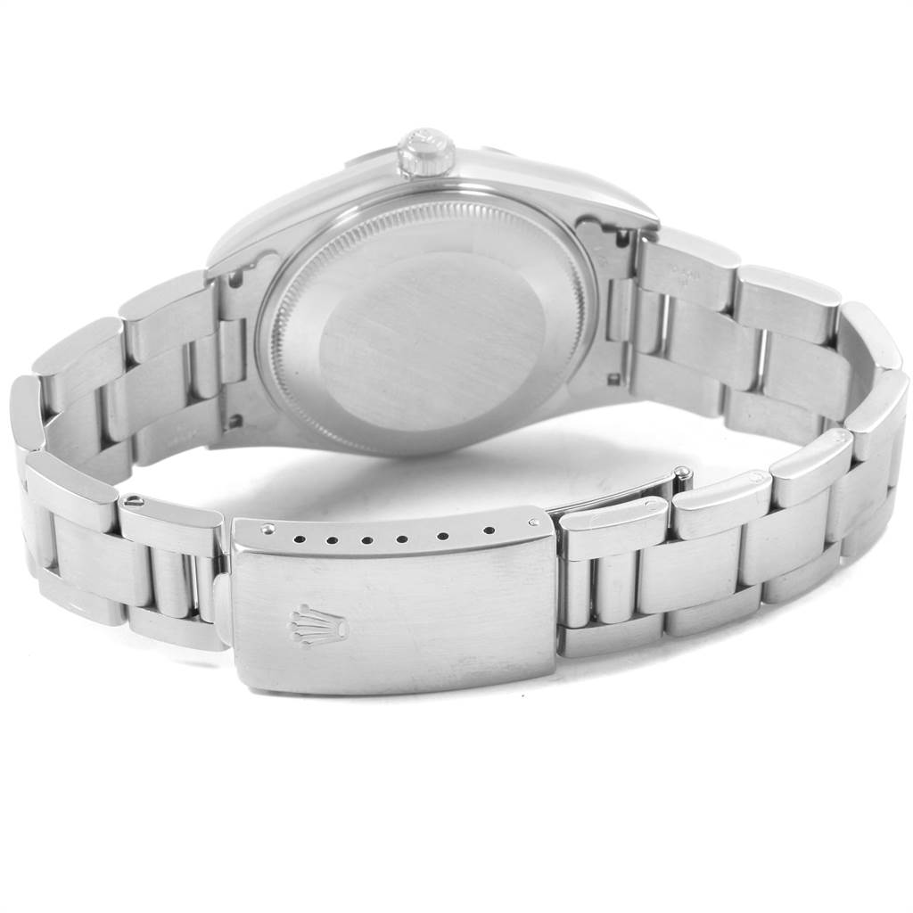 This image shows the back view of the Rolex Air-King 14000 Men's Stainless Steel White Dial 14000 Men's Stainless Steel White Dial watch, highlighting the case back and bracelet clasp.