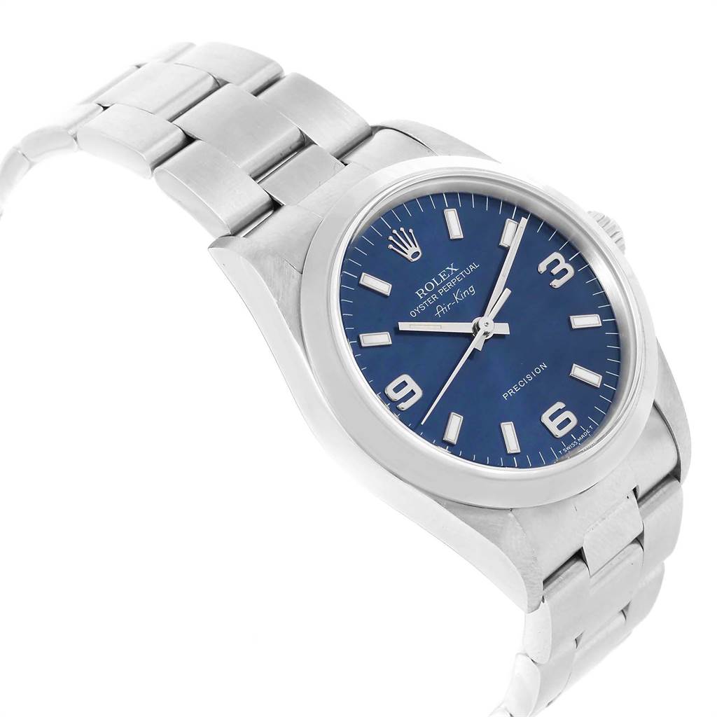 The Rolex Air-King 14000 Men's Stainless Steel Blue Dial 14000 Men's Stainless Steel Blue Dial watch is shown from an angled perspective, highlighting its blue dial, hour markers, and silver bracelet.