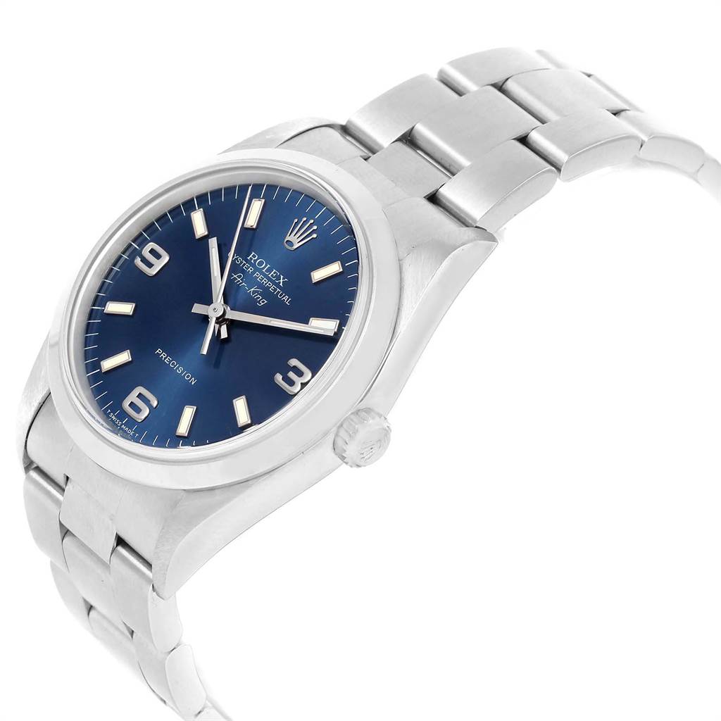 The Rolex Air-King 14000 Men's Stainless Steel Blue Dial 14000 Men's Stainless Steel Blue Dial watch is shown at a slightly angled side view, highlighting the face, bezel, crown, and bracelet.
