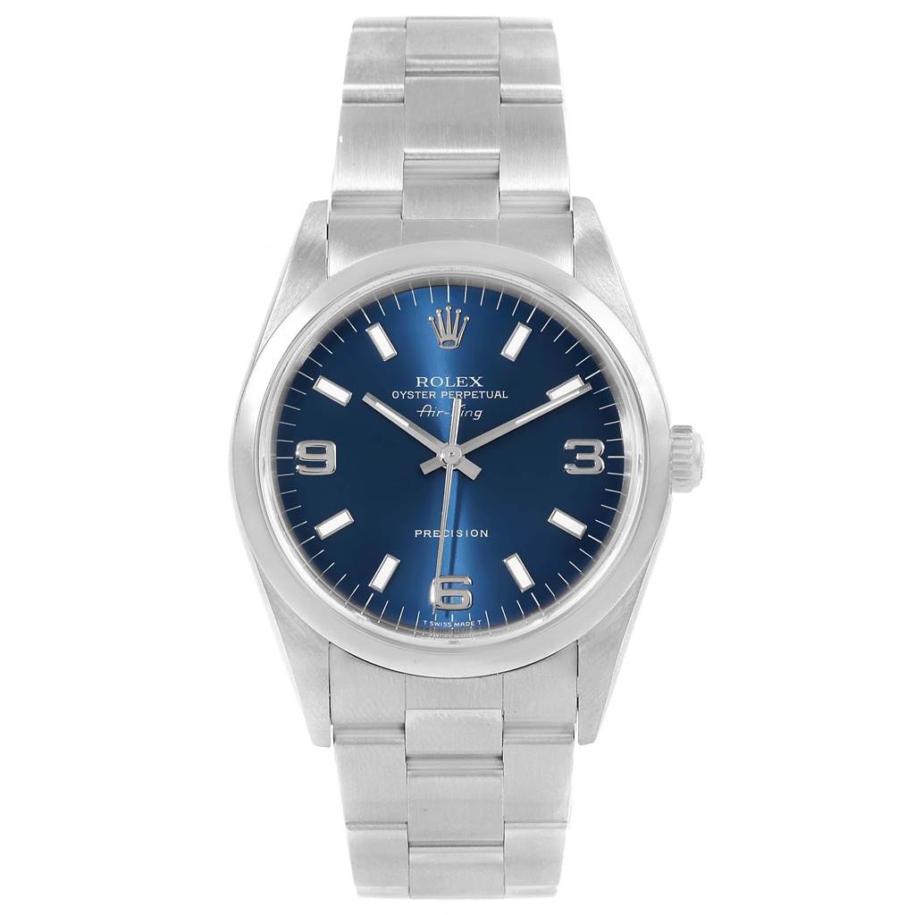 The image shows a front view of the Rolex Air-King 14000 Men's Stainless Steel Blue Dial 14000 Men's Stainless Steel Blue Dial watch, displaying its blue dial, stainless steel case, and bracelet.
