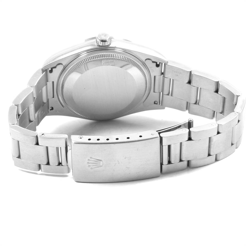 This image shows the back view of the Rolex Air-King 14000 Men's Stainless Steel Blue Dial 14000 Men's Stainless Steel Blue Dial watch, highlighting its case back and bracelet clasp.