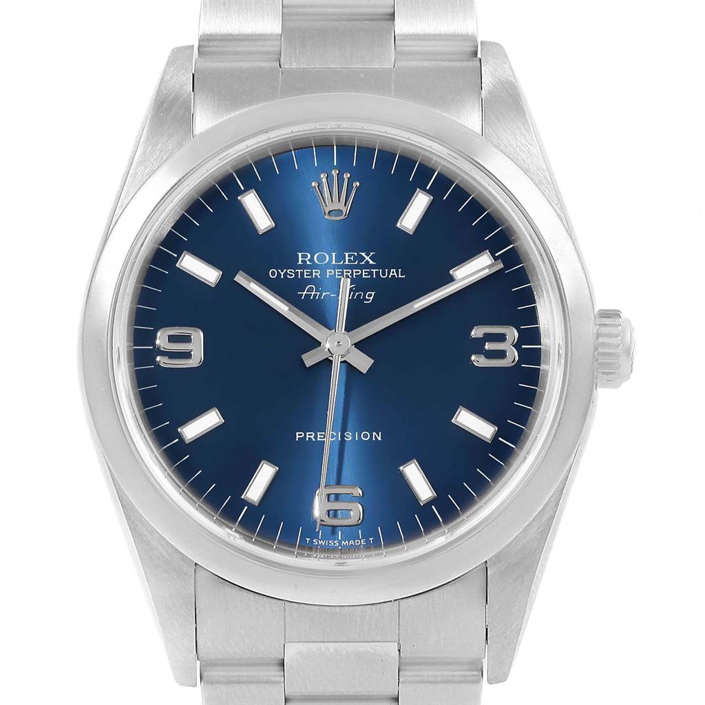 The image shows a frontal view of the Rolex Air-King 14000 Men's Stainless Steel Blue Dial 14000 Men's Stainless Steel Blue Dial watch, displaying its blue dial, markers, crown, and stainless steel bracelet.