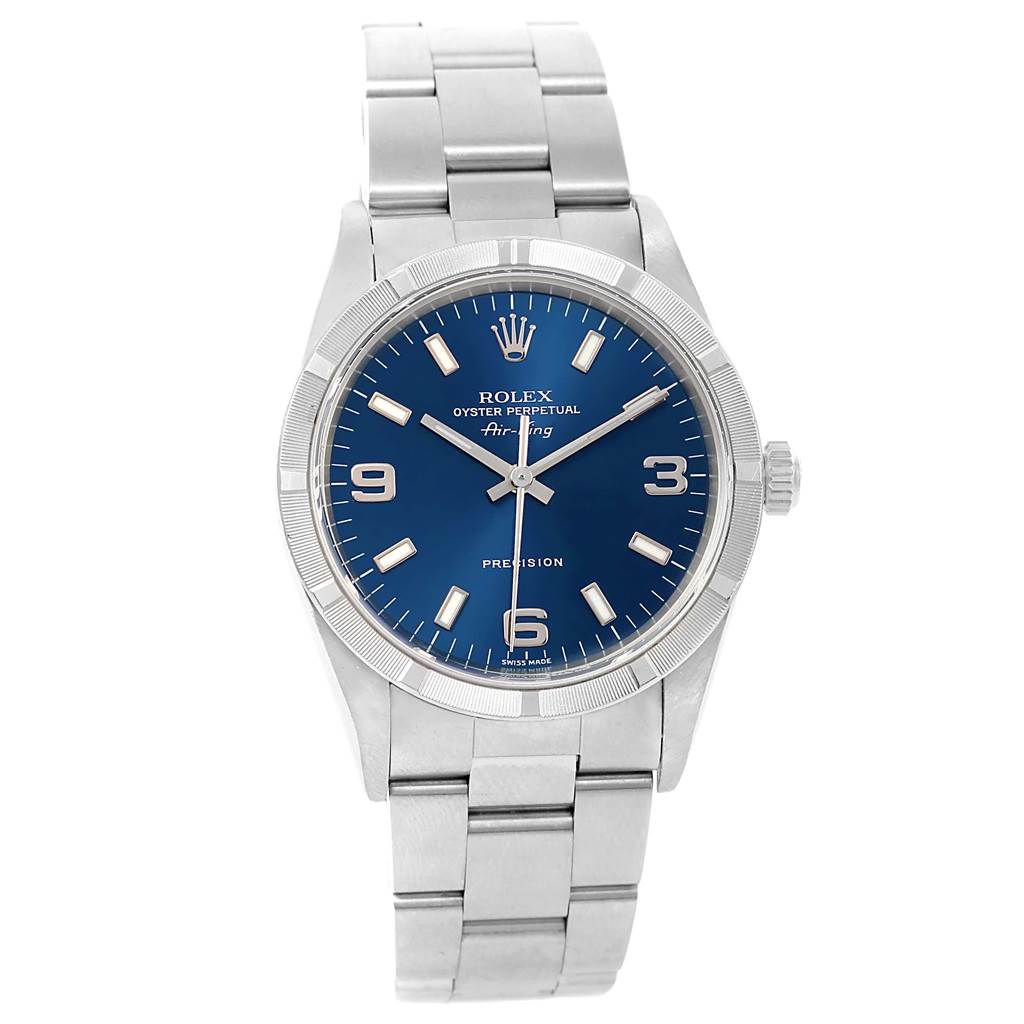 The Rolex Air-King 14010 Men's Stainless Steel Blue Dial 14010 Men's Stainless Steel Blue Dial watch is shown from a front angle, displaying the blue dial, hour markers, hands, and metal bracelet.