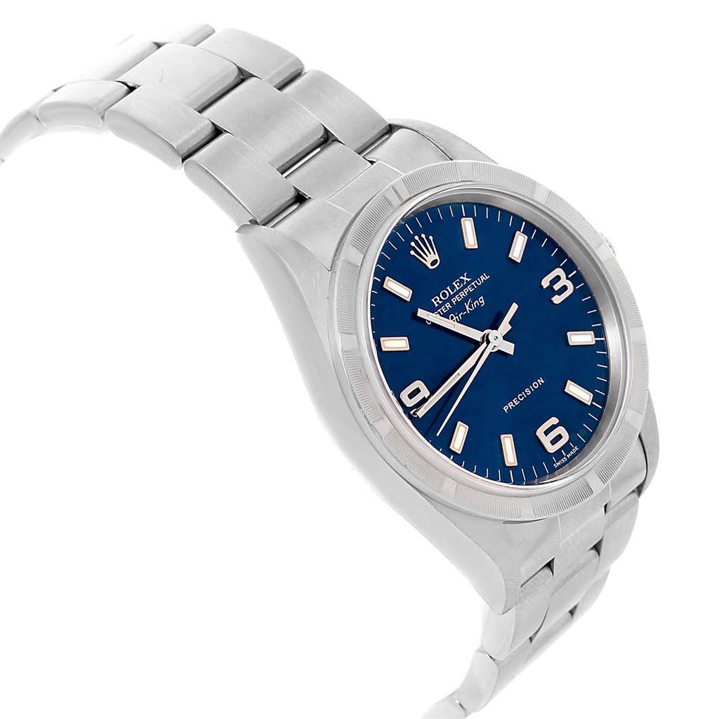 The Rolex Air-King 14010 Men's Stainless Steel Blue Dial 14010 Men's Stainless Steel Blue Dial watch is shown at a slight angle, displaying the face, bezel, and part of the stainless steel bracelet.