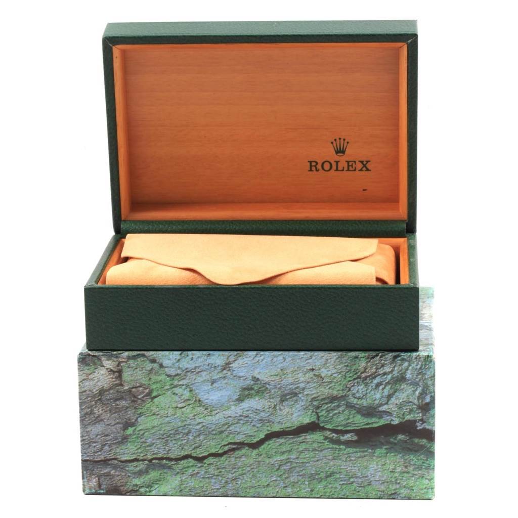 The image shows an open Rolex Air-King 14000 Men's Stainless Steel Blue Dial 14000 Men's Stainless Steel Blue Dial watch box from a front angle, displaying the interior lining and the Rolex logo inside the lid.