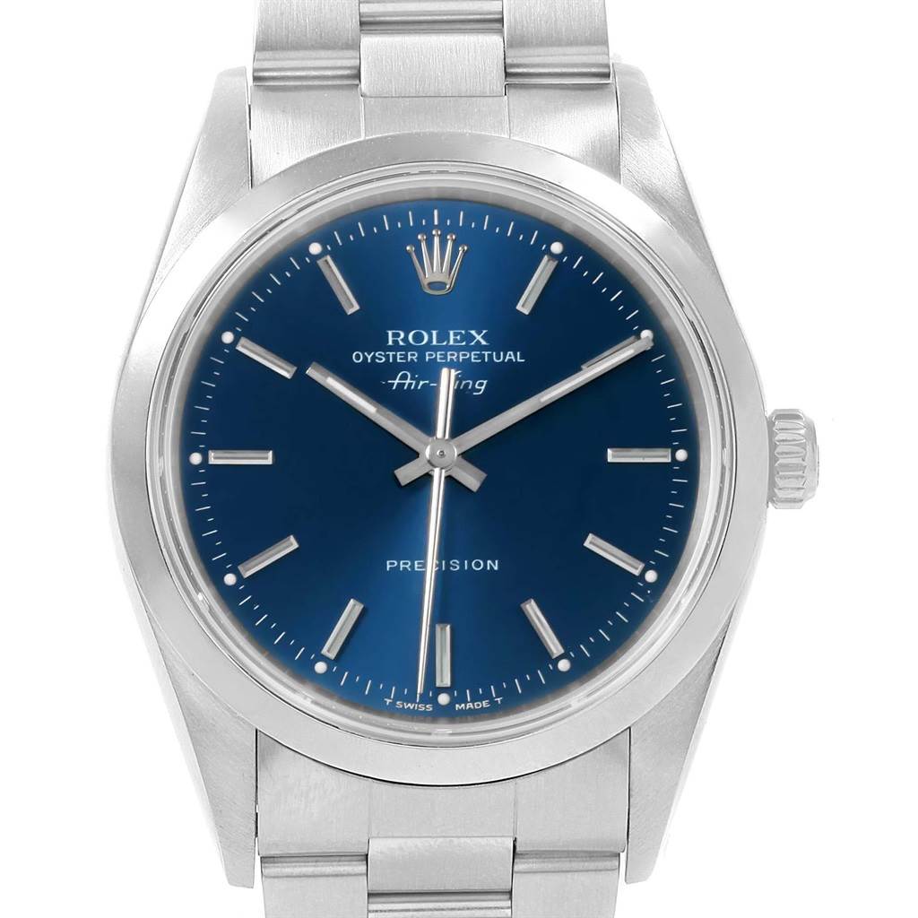 The image shows a frontal view of a Rolex Air-King 14000 Men's Stainless Steel Blue Dial 14000 Men's Stainless Steel Blue Dial watch, highlighting the blue dial, hour markers, hands, crown, and bracelet.