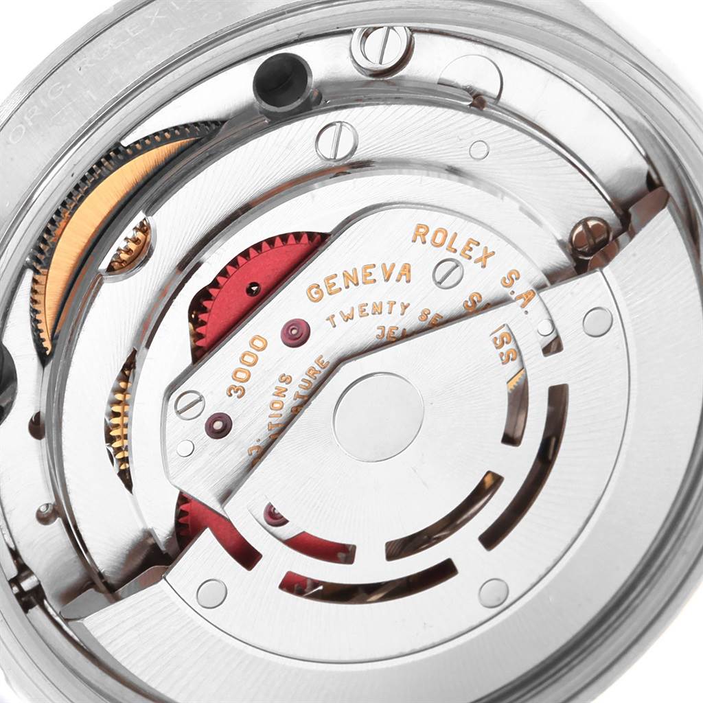 This image shows the intricate internal mechanism of the Rolex Air-King 14000 Men's Stainless Steel Blue Dial 14000 Men's Stainless Steel Blue Dial watch from a back view angle.