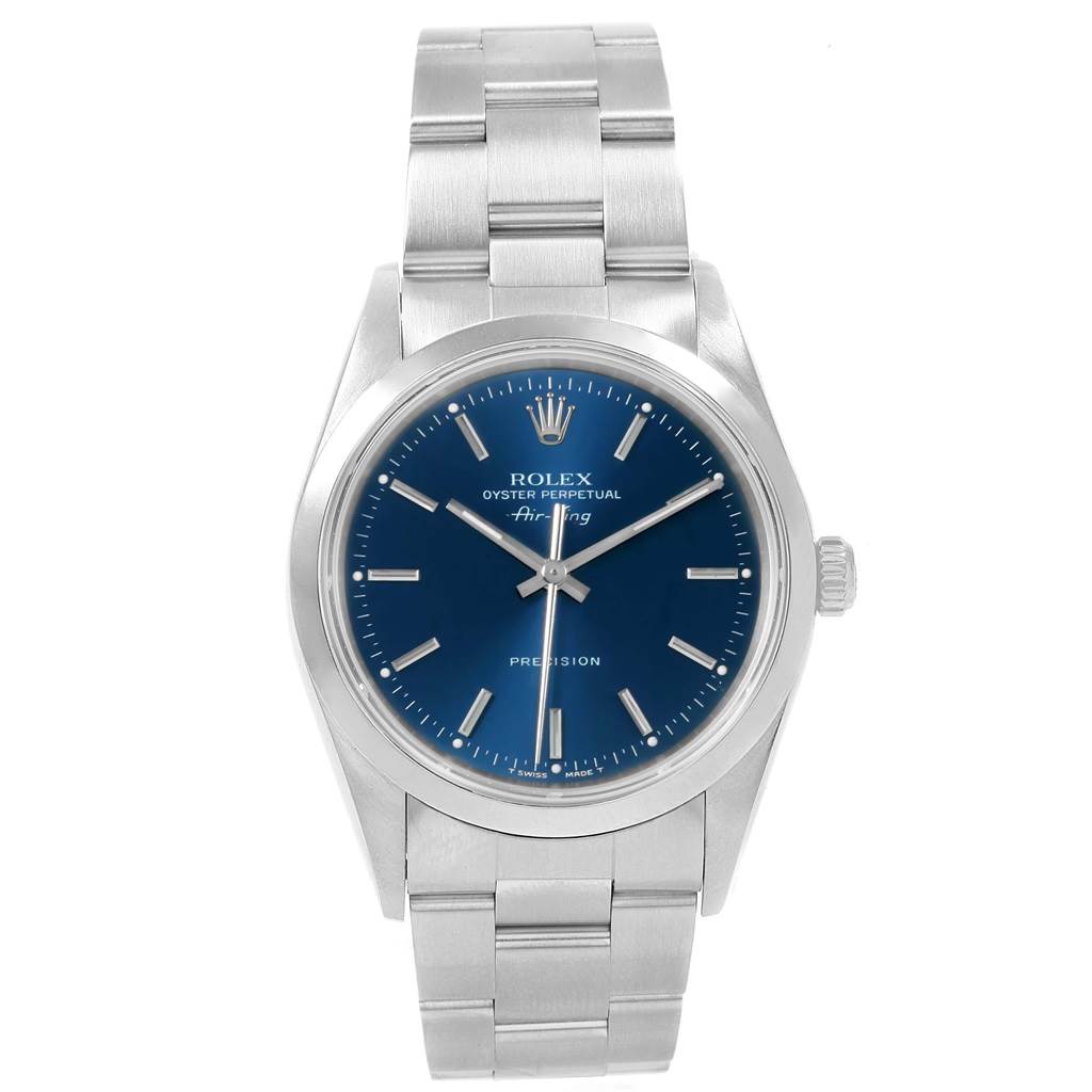 This image shows a front view of a Rolex Air-King 14000 Men's Stainless Steel Blue Dial 14000 Men's Stainless Steel Blue Dial watch, displaying its dial, hands, markers, and bracelet.