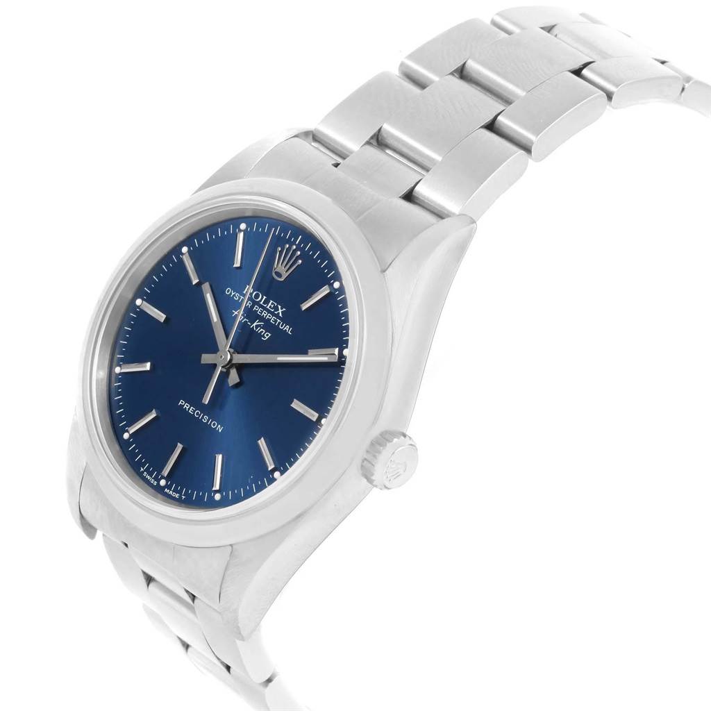 The Rolex Air-King 14000 Men's Stainless Steel Blue Dial 14000 Men's Stainless Steel Blue Dial watch is shown from a three-quarter angle, displaying its blue dial, case, crown, and part of the bracelet.