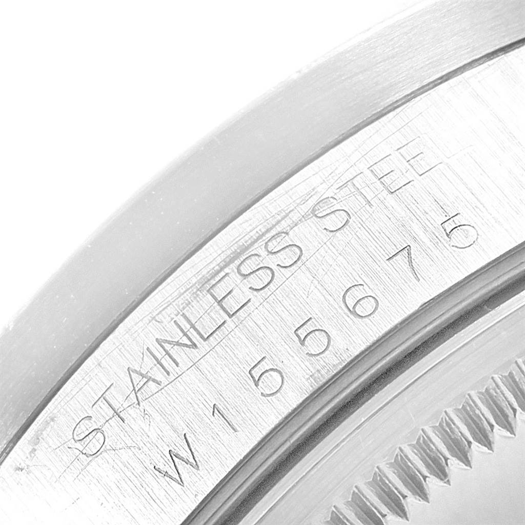 This image shows a close-up angle of the case back of a Rolex Air-King 14010 Men's Stainless Steel Blue Dial 14010 Men's Stainless Steel Blue Dial watch with visible engravings.