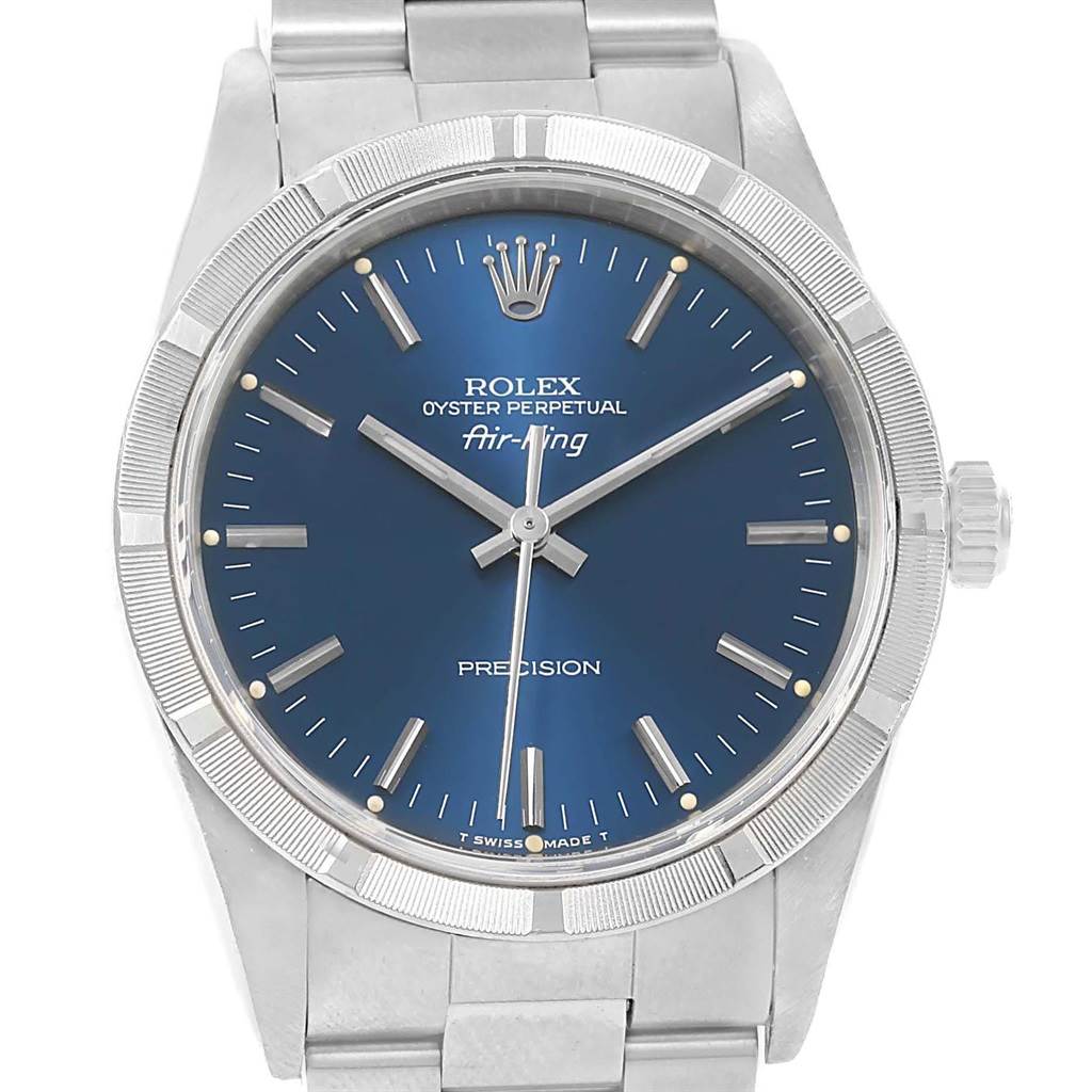The image shows a front view of a Rolex Air-King 14010 Men's Stainless Steel Blue Dial 14010 Men's Stainless Steel Blue Dial watch featuring its blue dial, hands, indices, bezel, and part of the bracelet.