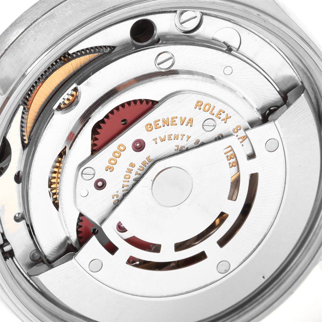 The image shows a close-up of the internal movement mechanism of a Rolex Air-King 14010 Men's Stainless Steel Black Dial 14010 Men's Stainless Steel Black Dial watch.