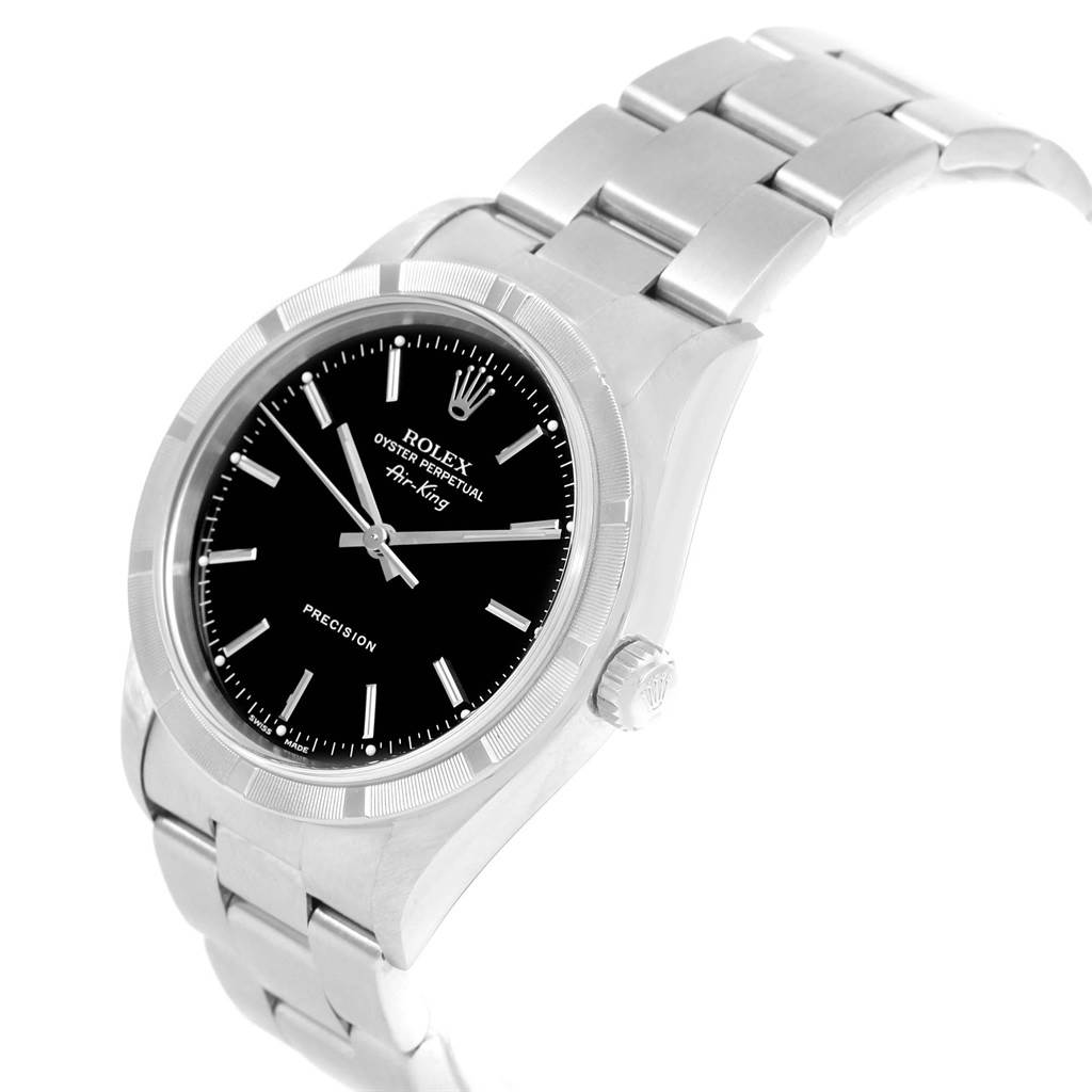 The Rolex Air-King 14010 Men's Stainless Steel Black Dial 14010 Men's Stainless Steel Black Dial watch is shown at a three-quarter angle, highlighting its black dial, bracelet, bezel, and crown.
