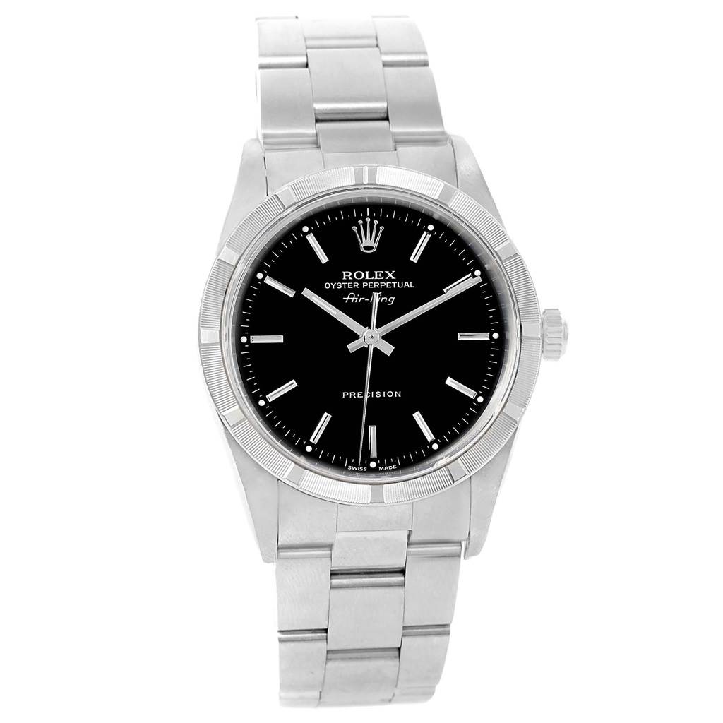 This image shows a front view of the Rolex Air-King 14010 Men's Stainless Steel Black Dial 14010 Men's Stainless Steel Black Dial watch, highlighting its black dial, bezel, and metal bracelet.