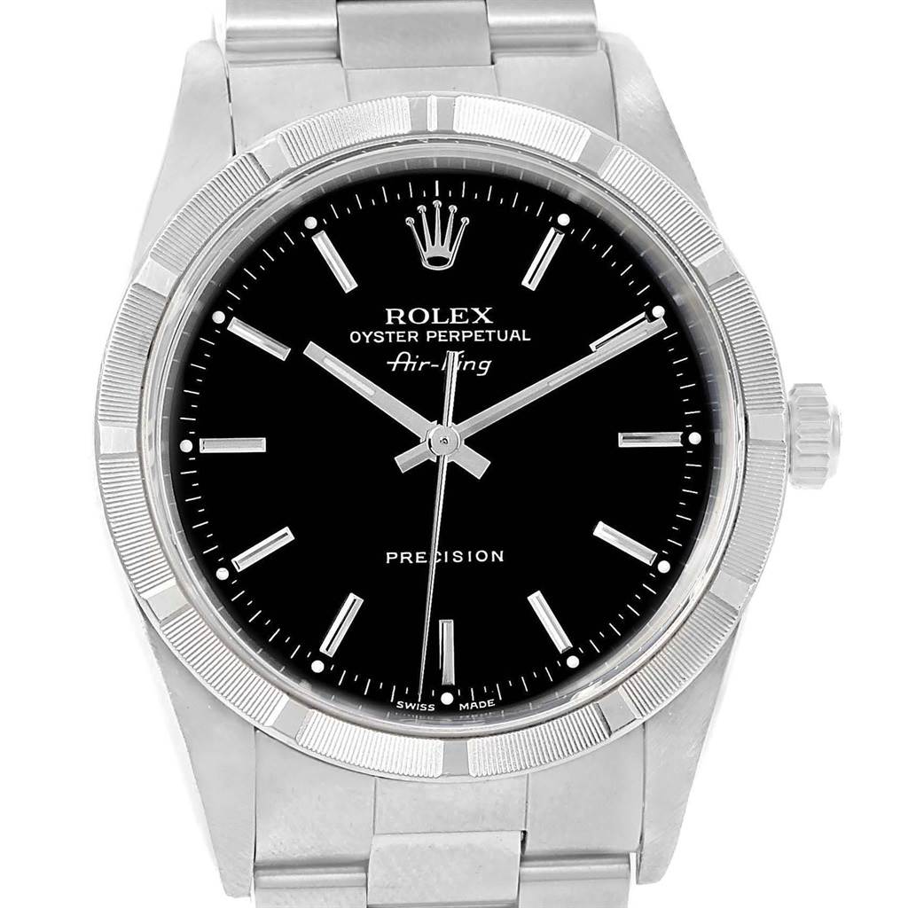 The image shows a front view of a Rolex Air-King 14010 Men's Stainless Steel Black Dial 14010 Men's Stainless Steel Black Dial watch, displaying the dial, bezel, and part of the bracelet.