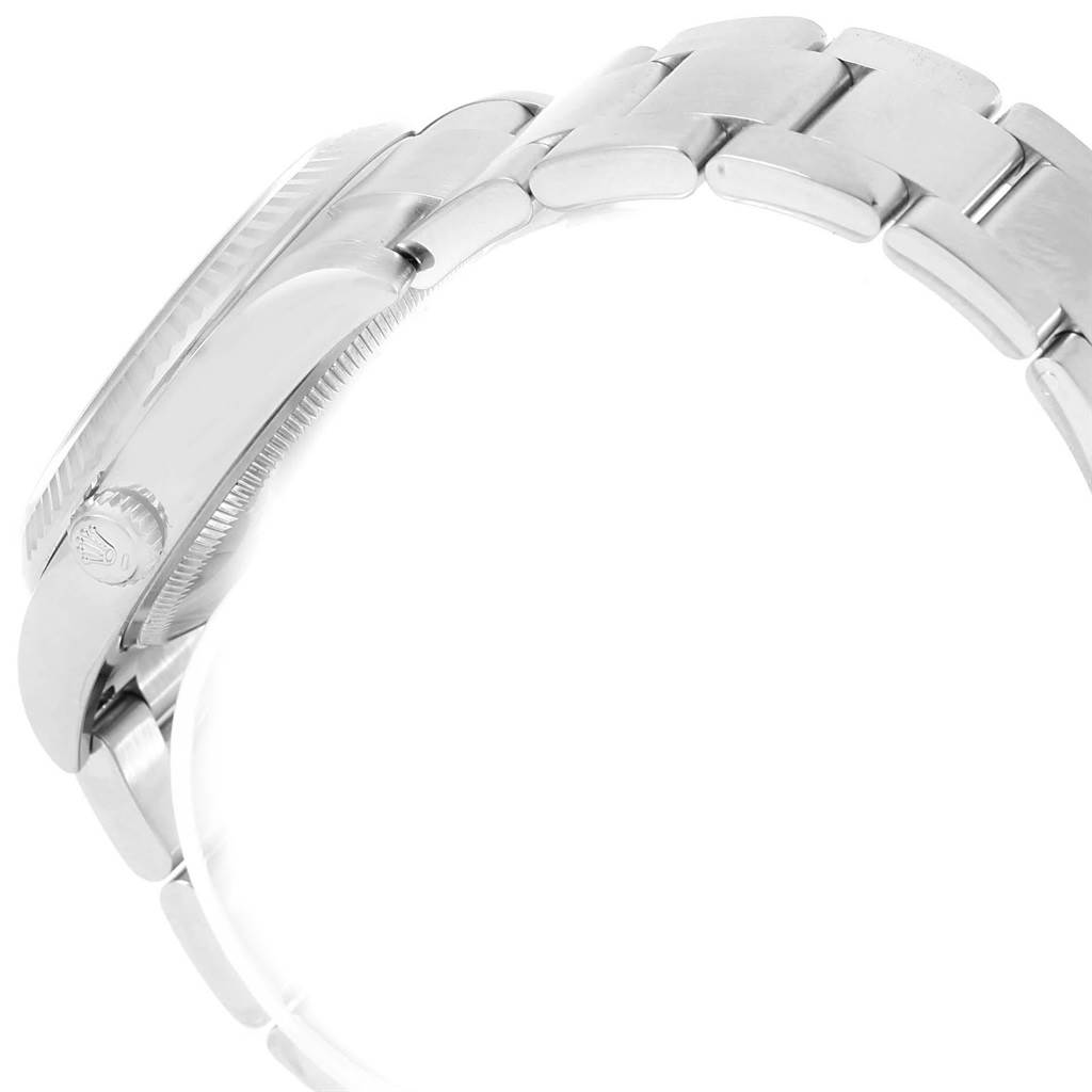 This image shows a side view of the Rolex Air-King 114234 Men's Stainless Steel Blue Dial 114234 Men's Stainless Steel Blue Dial, focusing on the crown and part of the bracelet.