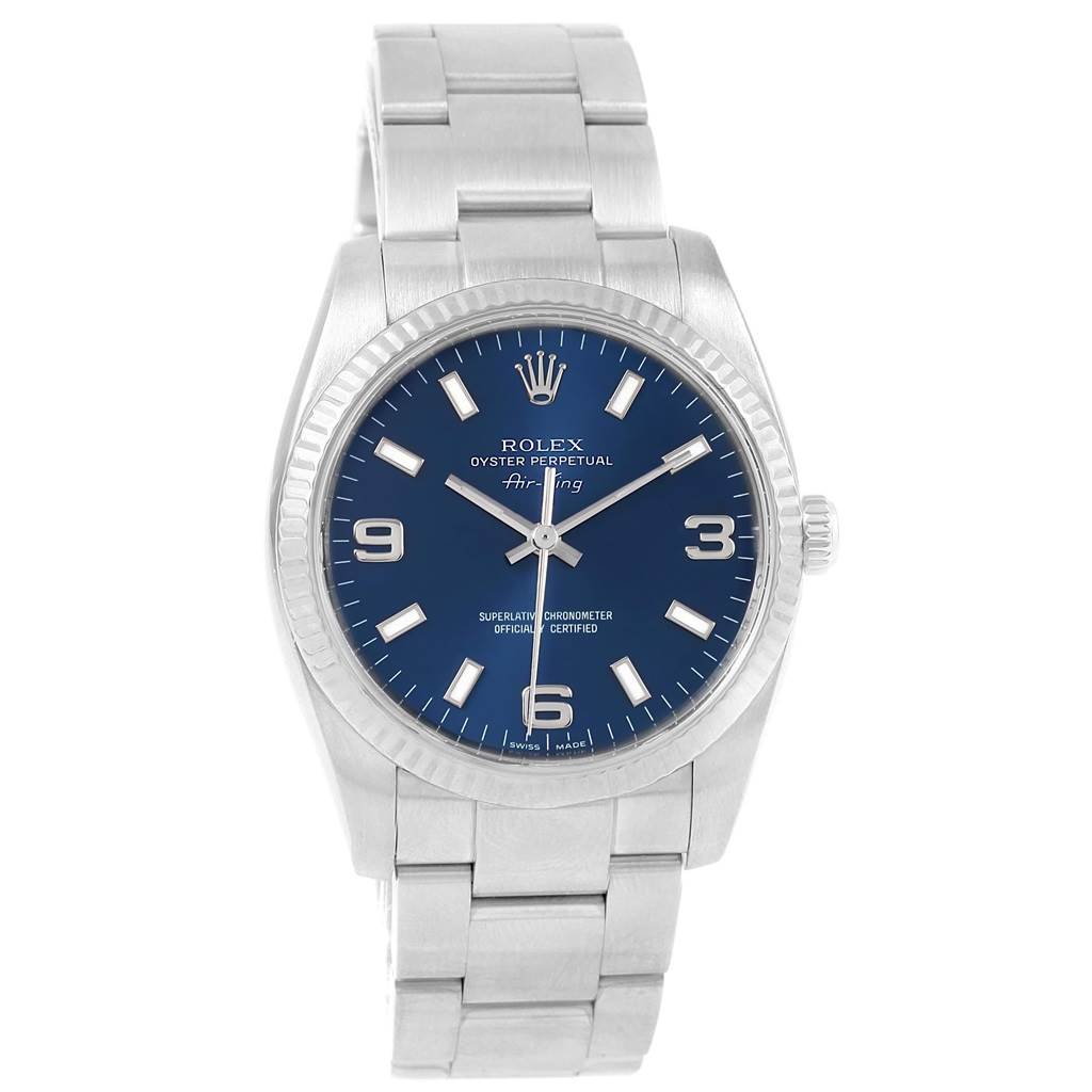 This image shows a front view of the Rolex Air-King 114234 Men's Stainless Steel Blue Dial 114234 Men's Stainless Steel Blue Dial watch, featuring its blue dial, silver bracelet, and crown logo.
