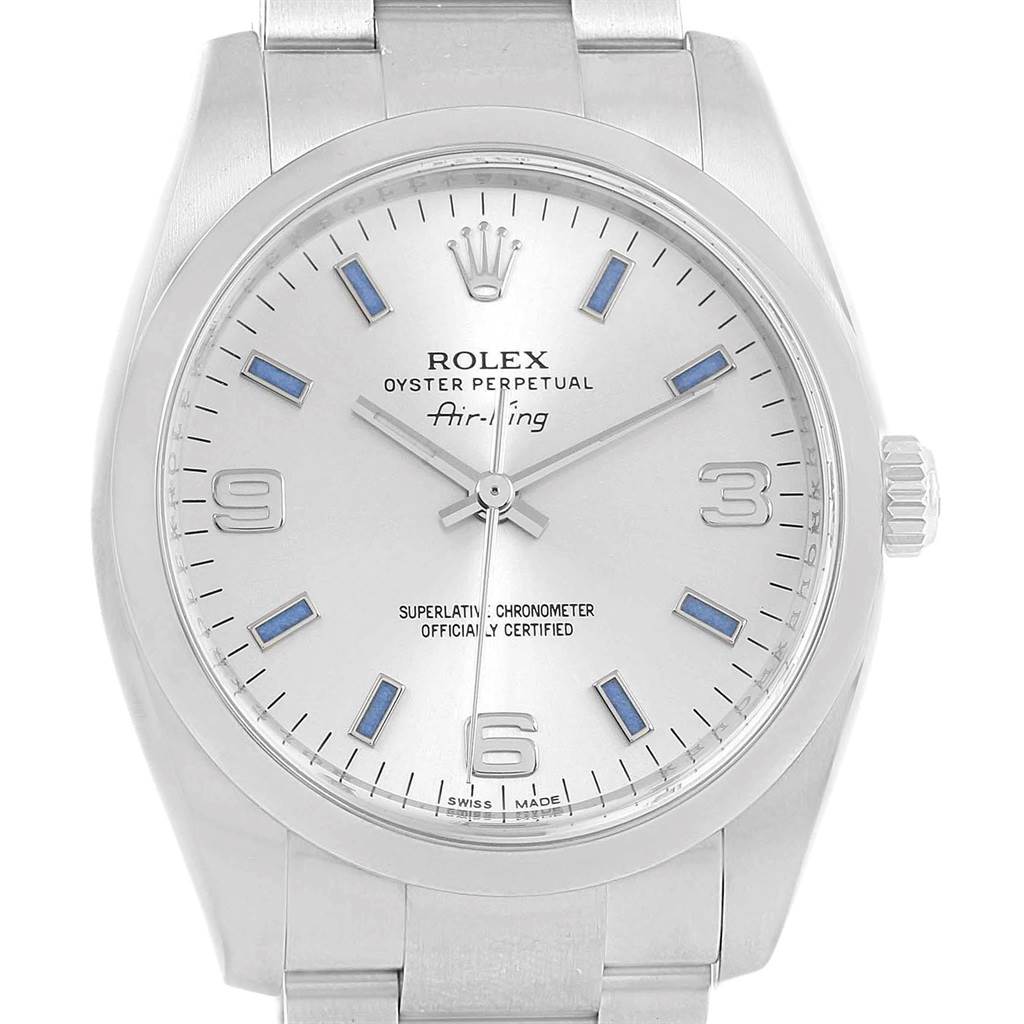 The image shows a front view of a Rolex Air-King 114200 Men's Stainless Steel Silver Dial 114200 Men's Stainless Steel Silver Dial watch, highlighting the dial, hands, crown, and part of the bracelet.