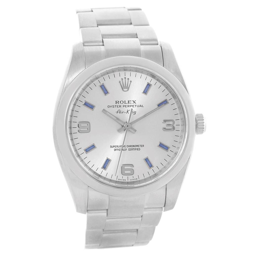 The image shows a front-facing view of the Rolex Air-King 114200 Men's Stainless Steel Silver Dial 114200 Men's Stainless Steel Silver Dial watch, displaying its dial, case, crown, and bracelet.