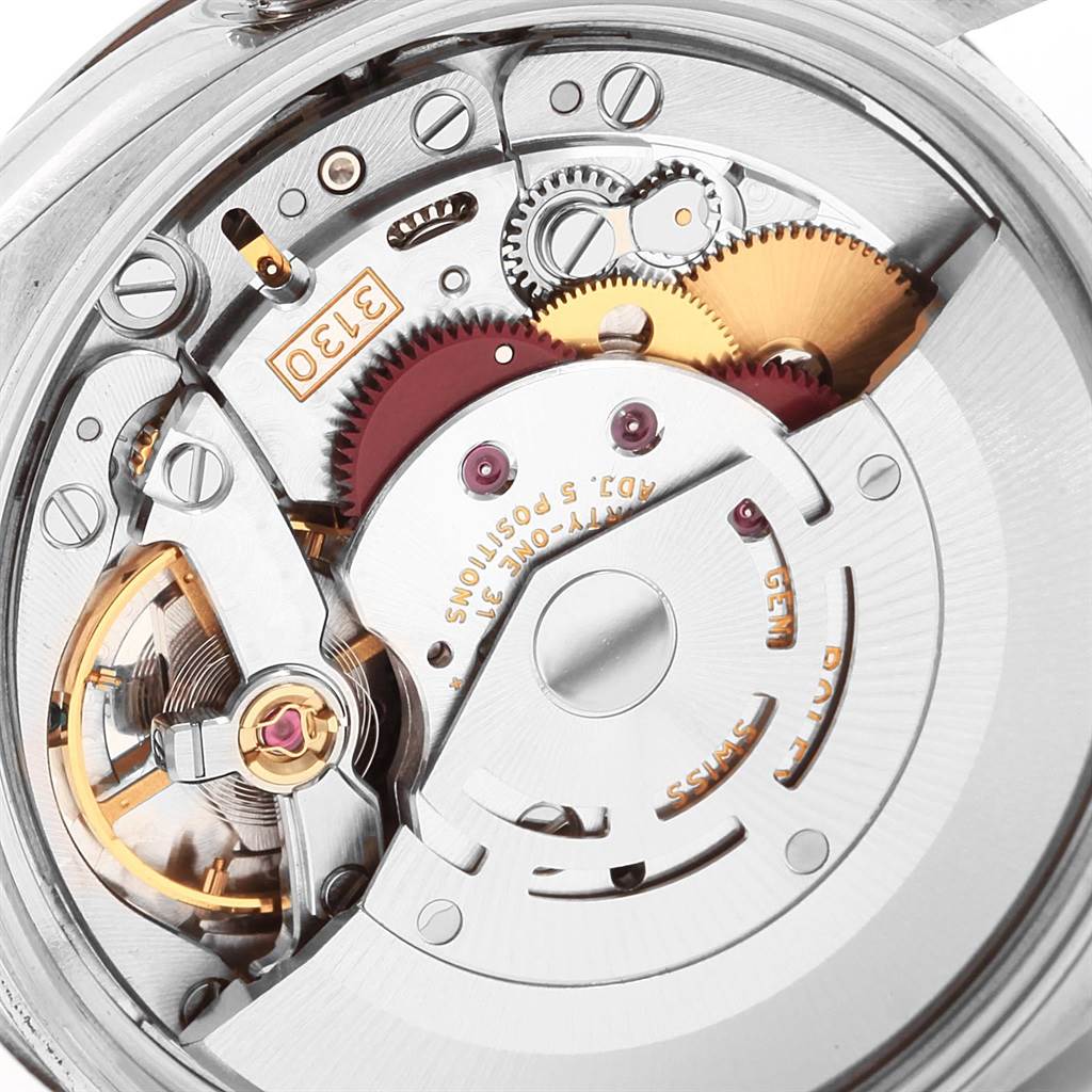This image shows a close-up view of the internal mechanical movement of the Rolex Air-King 114200 Men's Stainless Steel Silver Dial 114200 Men's Stainless Steel Silver Dial watch.