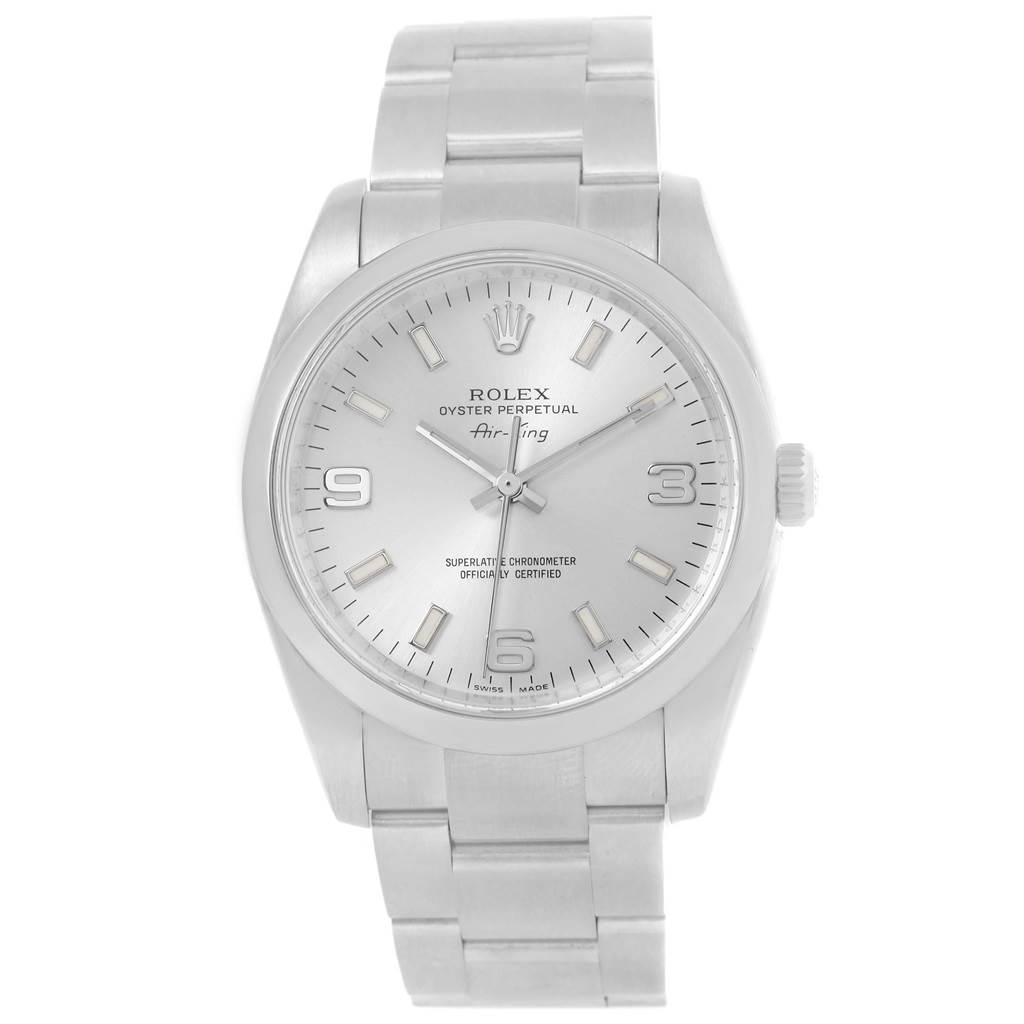The image shows a frontal view of a Rolex Air-King 20465 Men's Stainless Steel Silver Dial 20465 Men's Stainless Steel Silver Dial watch, displaying its dial, bezel, case, and bracelet.