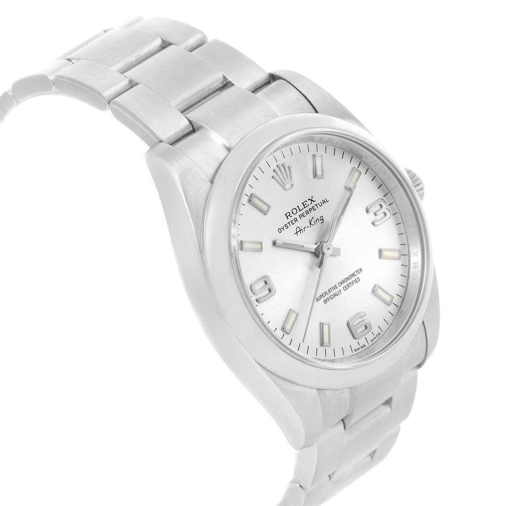 The image shows a Rolex Air-King 20465 Men's Stainless Steel Silver Dial 20465 Men's Stainless Steel Silver Dial watch angled to display its face, bracelet, and part of the side casing.