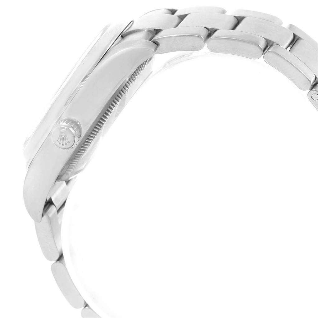 The image shows a side view of a Rolex Air-King 20465 Men's Stainless Steel Silver Dial 20465 Men's Stainless Steel Silver Dial watch, focusing on the crown, case, and bracelet links.