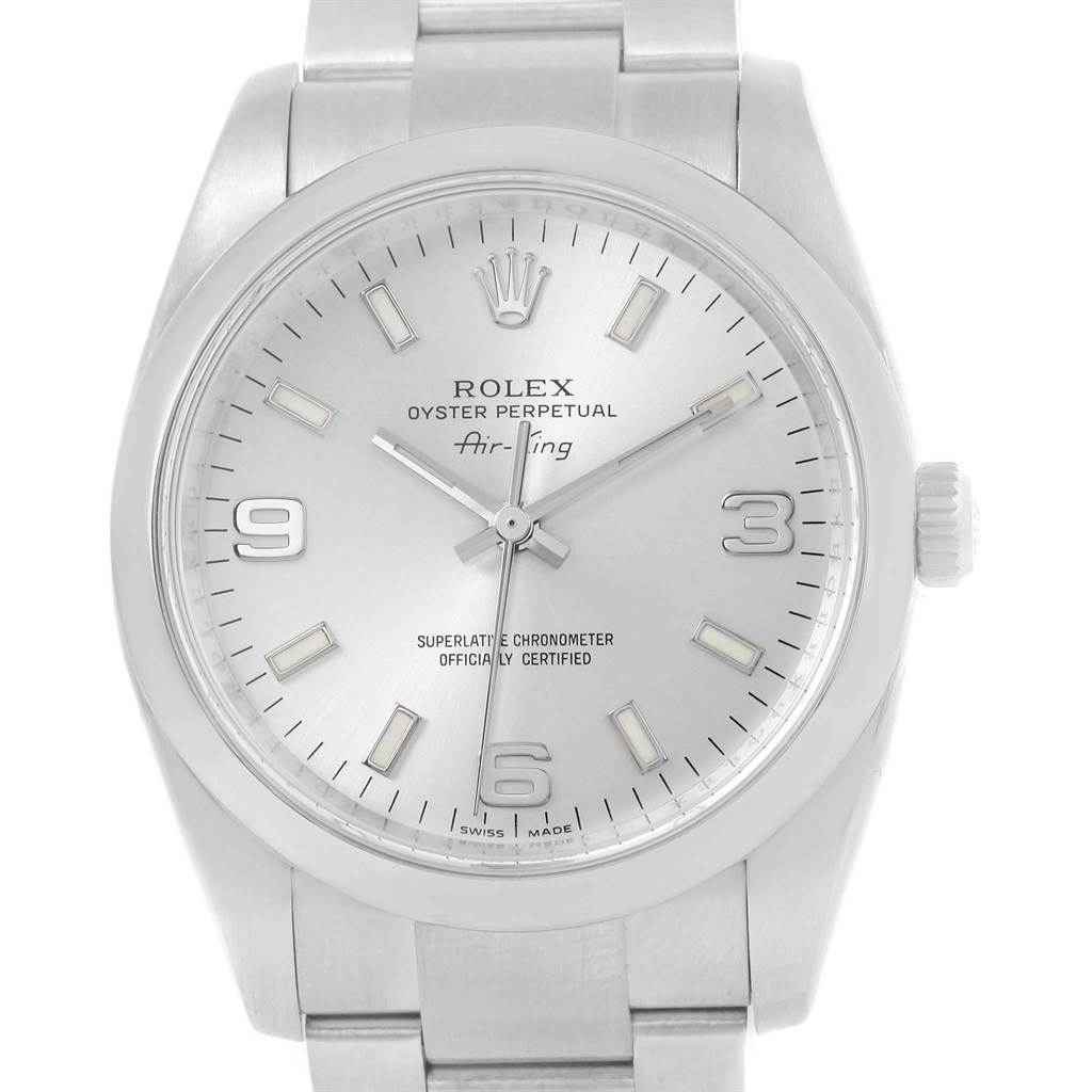 The image shows a front view of the Rolex Air-King 20465 Men's Stainless Steel Silver Dial 20465 Men's Stainless Steel Silver Dial watch displaying its dial, crown, and part of the bracelet.