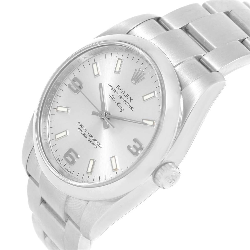 The Rolex Air-King 20465 Men's Stainless Steel Silver Dial 20465 Men's Stainless Steel Silver Dial watch is shown at a three-quarter angle, displaying the face, bezel, crown, and part of the bracelet.