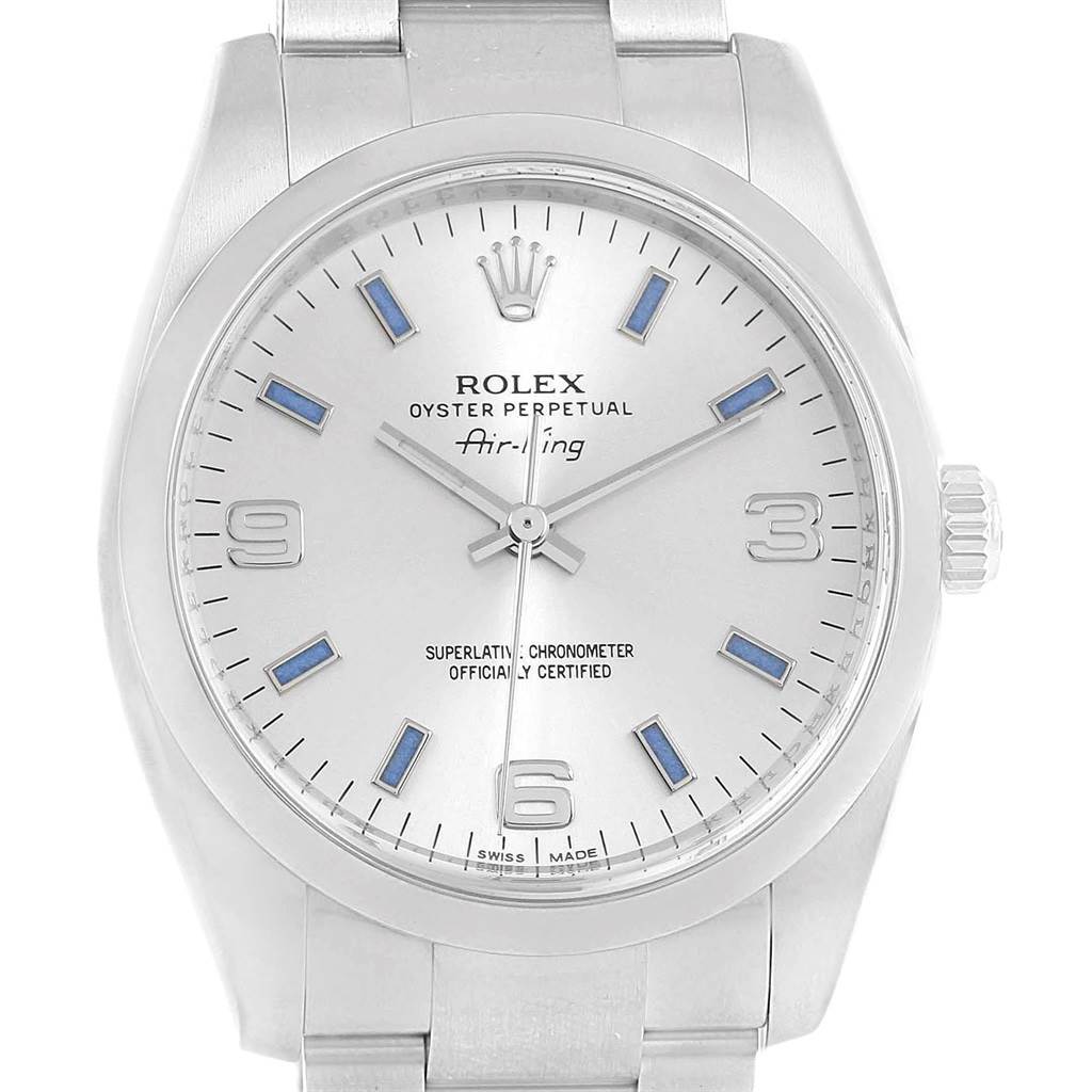 The image shows a front view of a Rolex Air-King 114200 Men's Stainless Steel Silver Dial 114200 Men's Stainless Steel Silver Dial watch, displaying its dial, hour markers, hands, and part of the bracelet.
