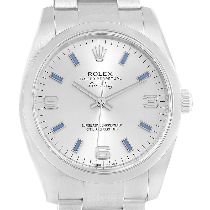 Rolex Air King Silver Dial Blue Index Hour Markers Steel Watch 114200 SwissWatchExpo