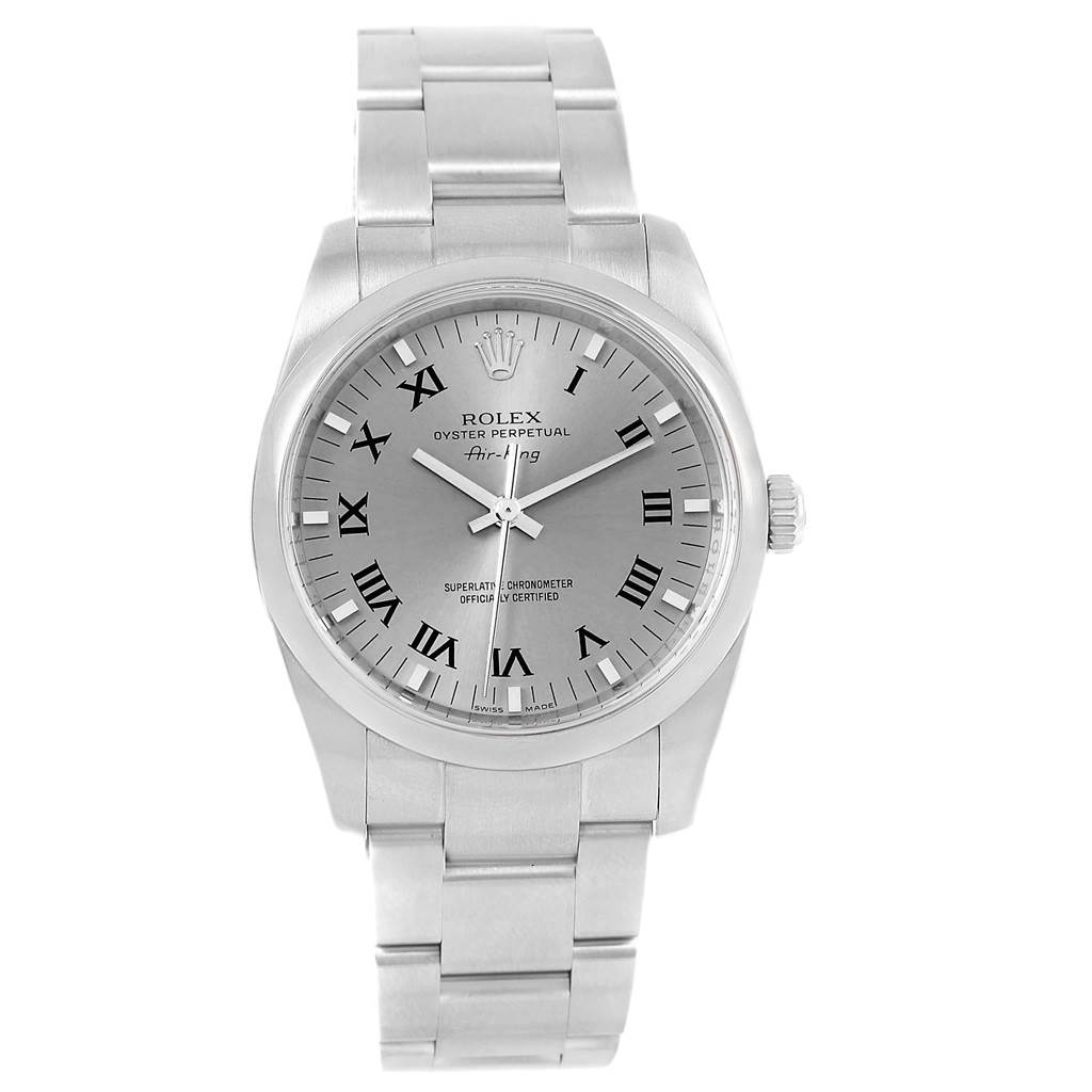 The image shows a front view of a Rolex Air-King 114200 Stainless Steel White Dial 114200 Stainless Steel White Dial watch, displaying the dial, hands, case, and bracelet.