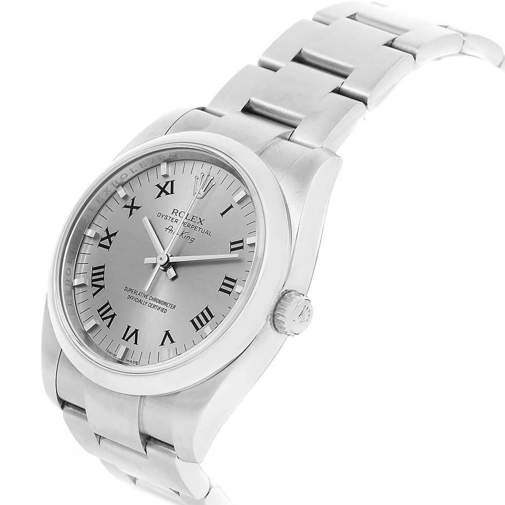 The image shows a side angle view of a Rolex Air-King 114200 Stainless Steel White Dial 114200 Stainless Steel White Dial watch, displaying the face, crown, and bracelet.