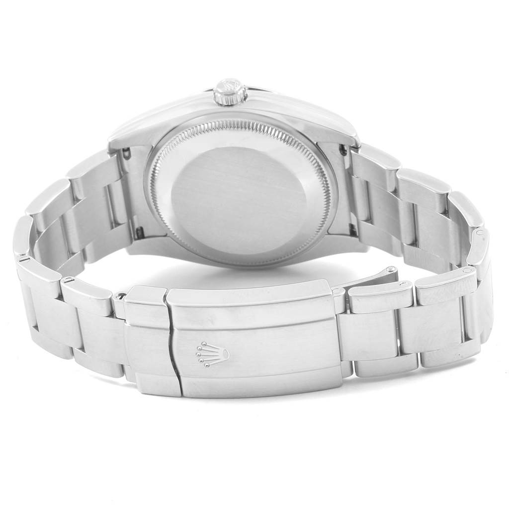 The image shows the back and bracelet clasp of a Rolex Air-King 114200 Stainless Steel White Dial 114200 Stainless Steel White Dial watch, viewed from an angle behind the case.