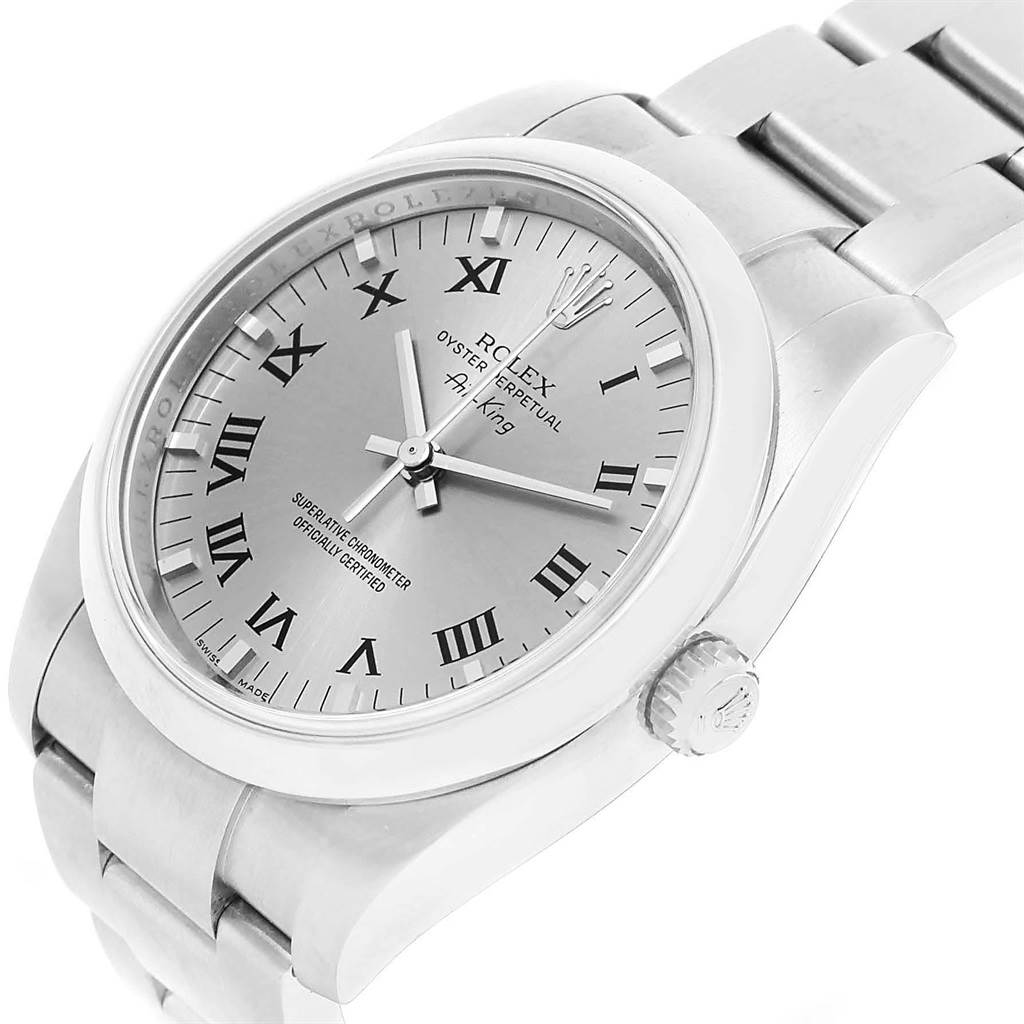 The image shows a Rolex Air-King 114200 Stainless Steel White Dial 114200 Stainless Steel White Dial watch at a slight angle, highlighting the dial, bracelet, and crown.